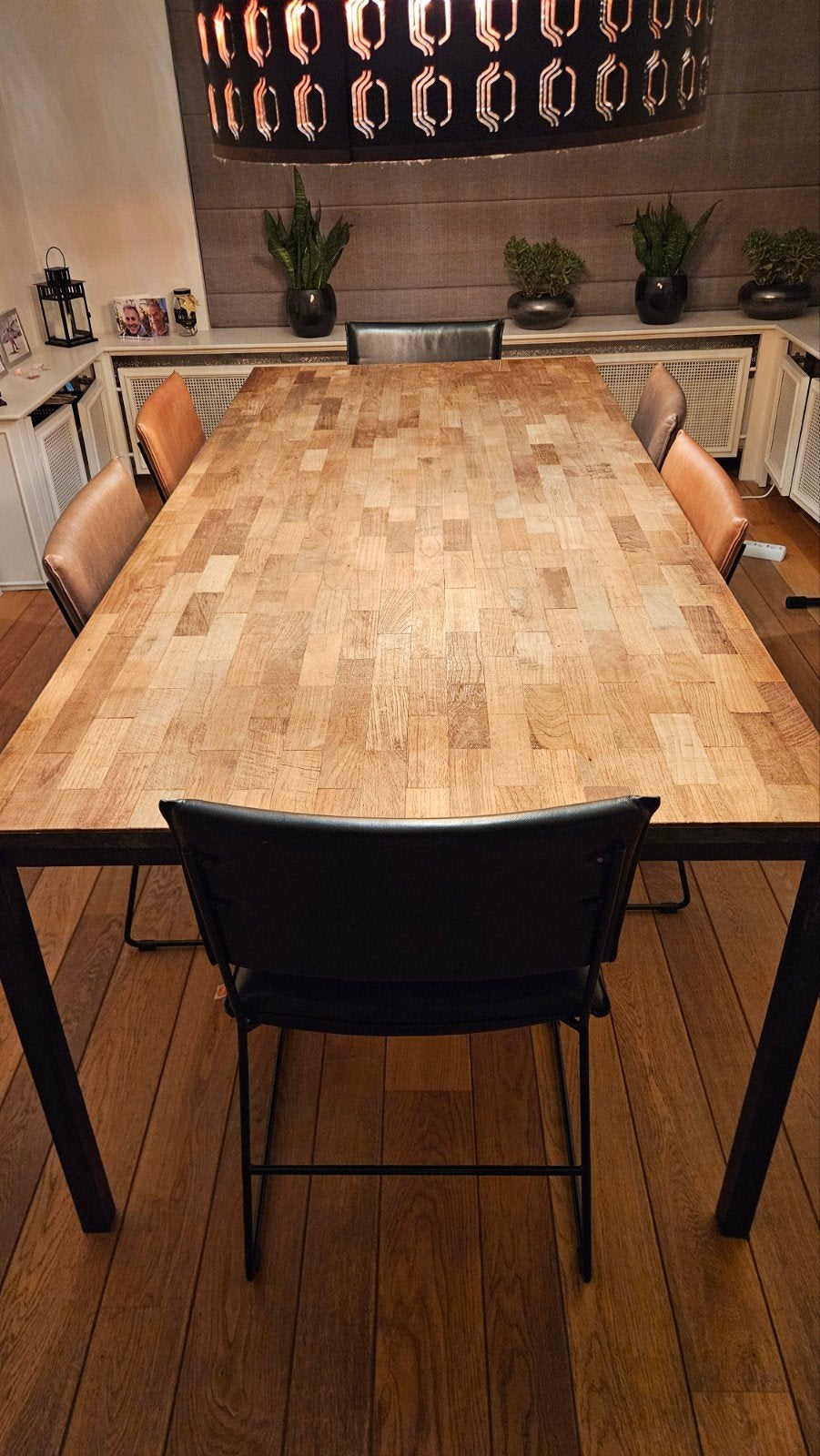 Robuuste eettafel van eikenhout en metaal, Ophalen, Gebruikt, 100 tot 150 cm, 200 cm of meer