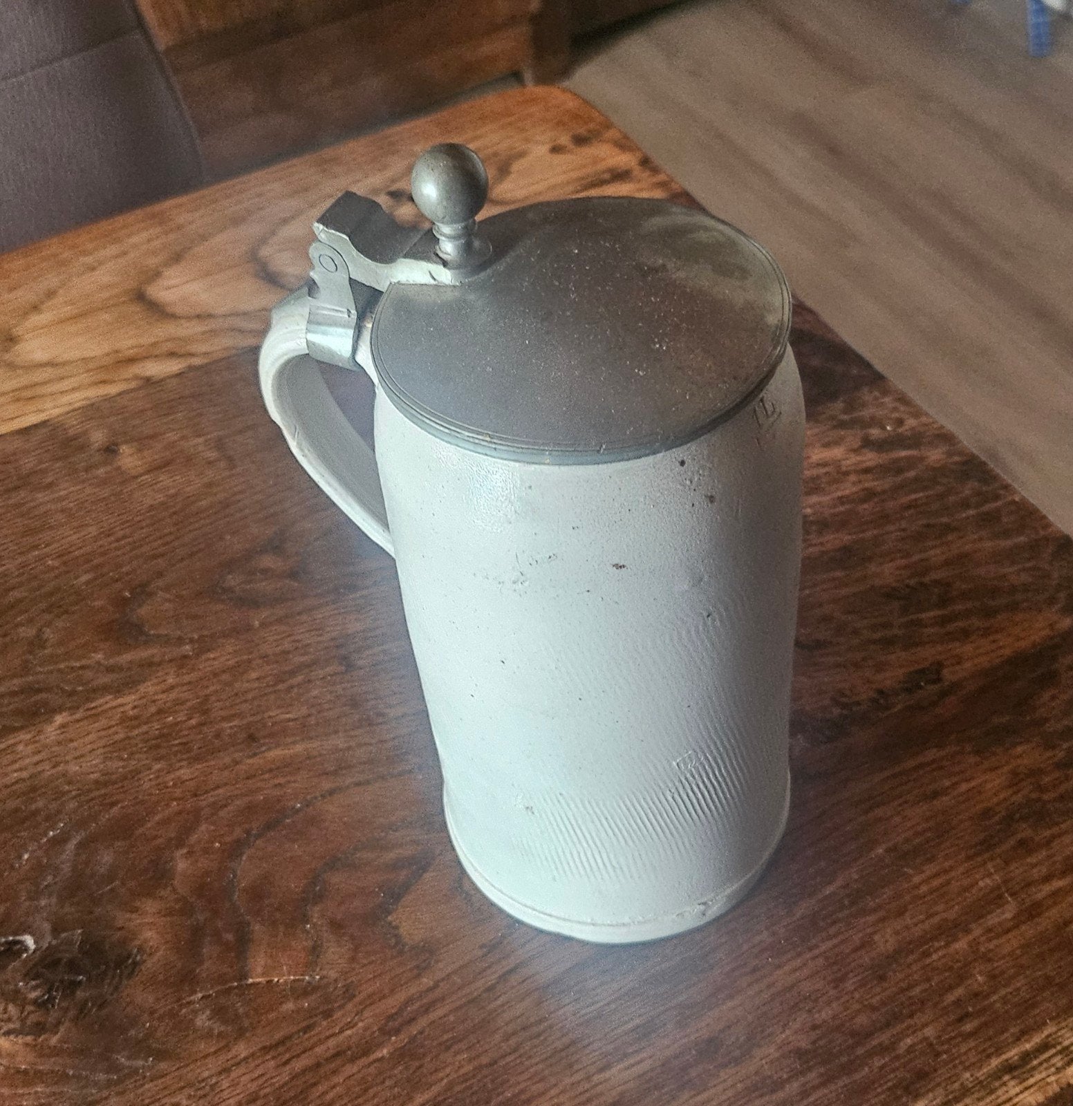 Antieke Bierpul met Tinnen Deksel - Steengoed, Antiek en Kunst, Antiek | Keramiek en Aardewerk, Ophalen of Verzenden