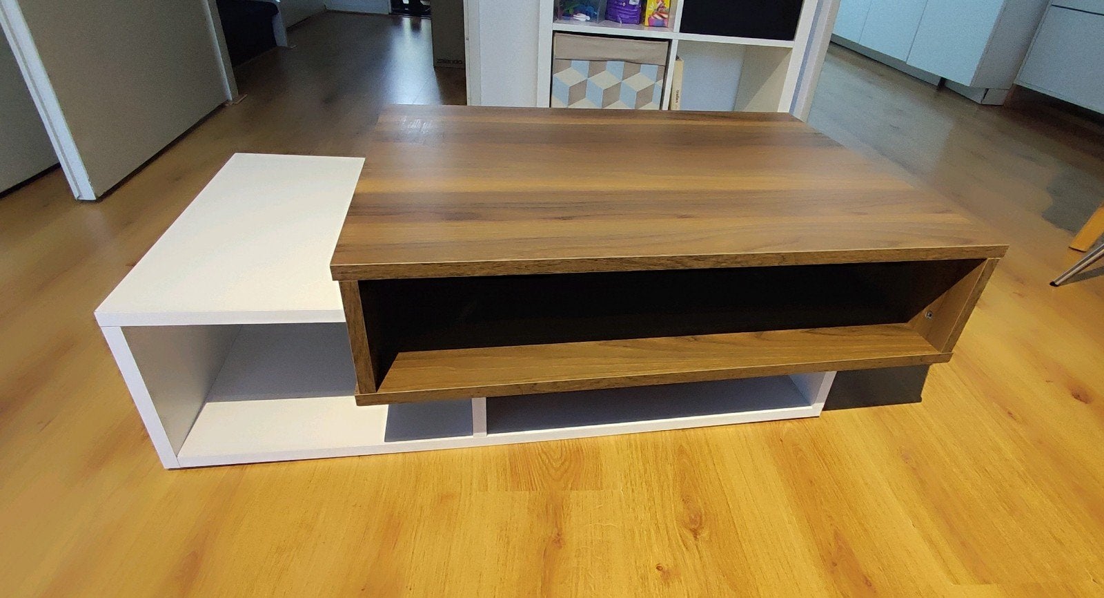 Salontafel walnoot/wit, Ophalen, Gebruikt, 100 tot 150 cm, 50 tot 100 cm