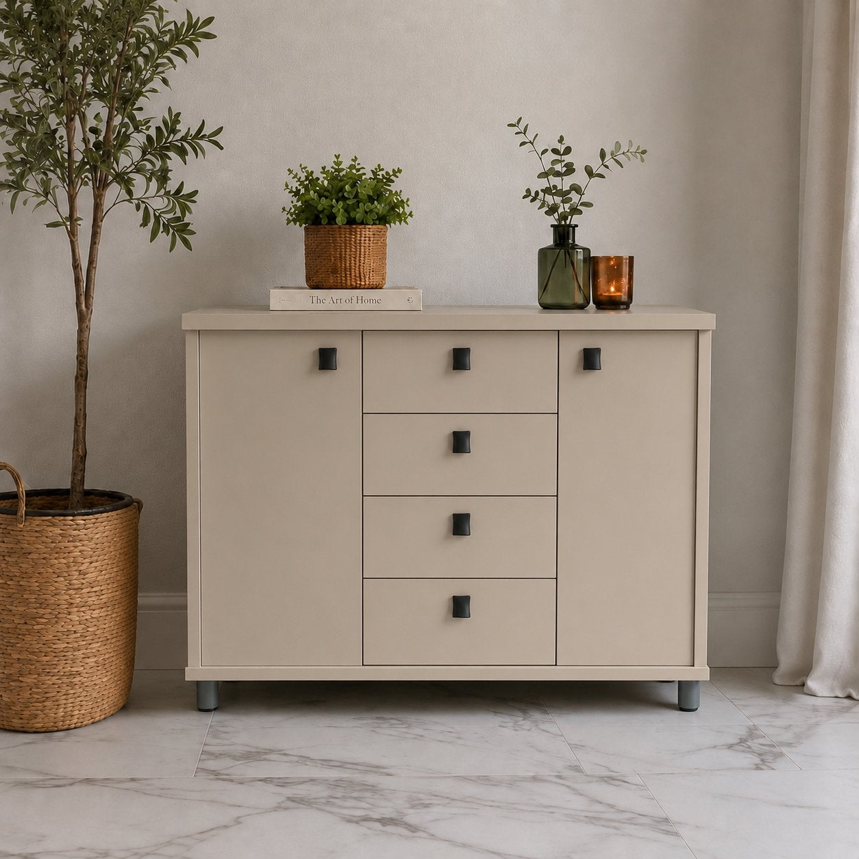 Moderne Japandi dressoirkast in beige – 2 deuren & 4 lades, Huis en Inrichting, Ophalen of Verzenden, Zo goed als nieuw, 25 tot 50 cm