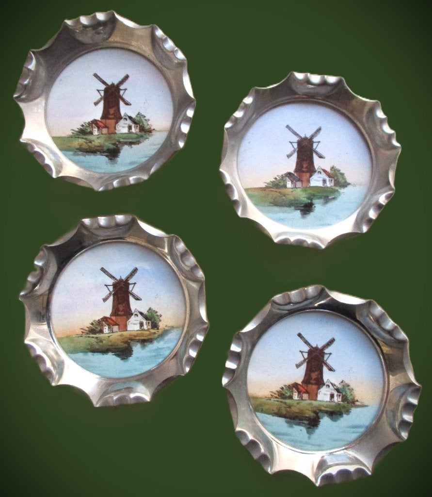 Zilver kleur onderzetters~Antieke handbeschilderde porselein, Steen/keramiek, Glasonderzetter, Handgemaakt, Ophalen of Verzenden