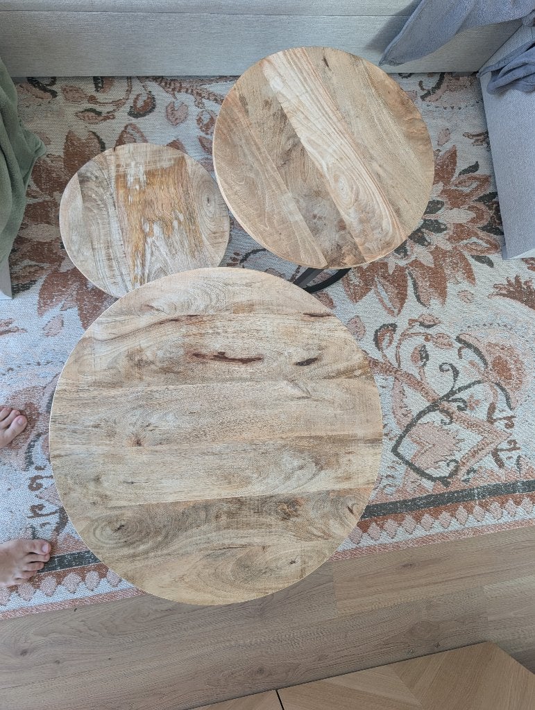 Set van 3 massief mangohouten salontafels, Ophalen, Gebruikt, 50 tot 100 cm, Rond