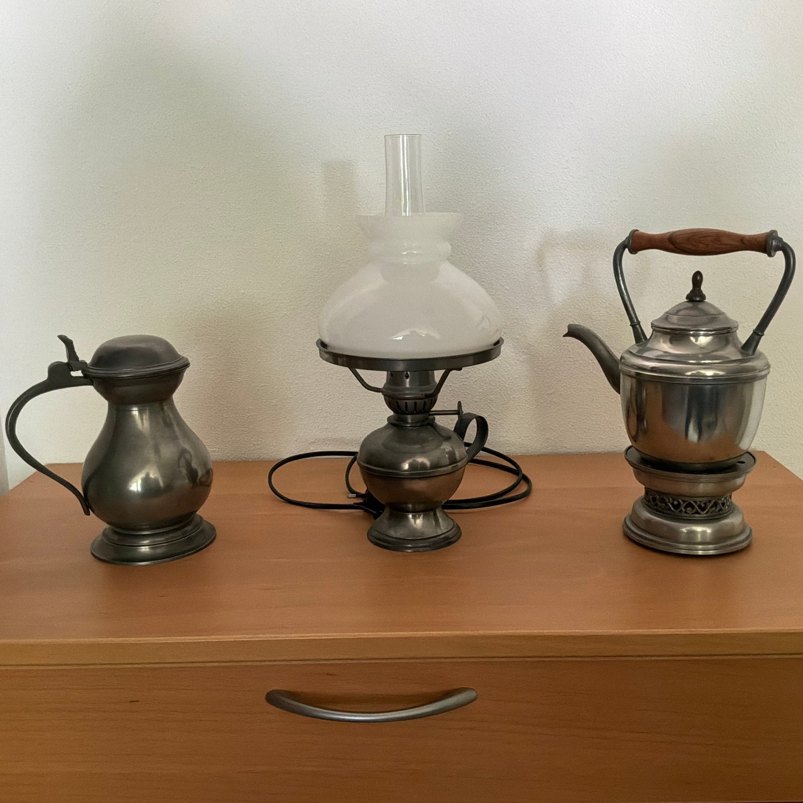 Vintage tinnen set: kan, lamp en theepot, Antiek en Kunst, Antiek | Tin, Ophalen