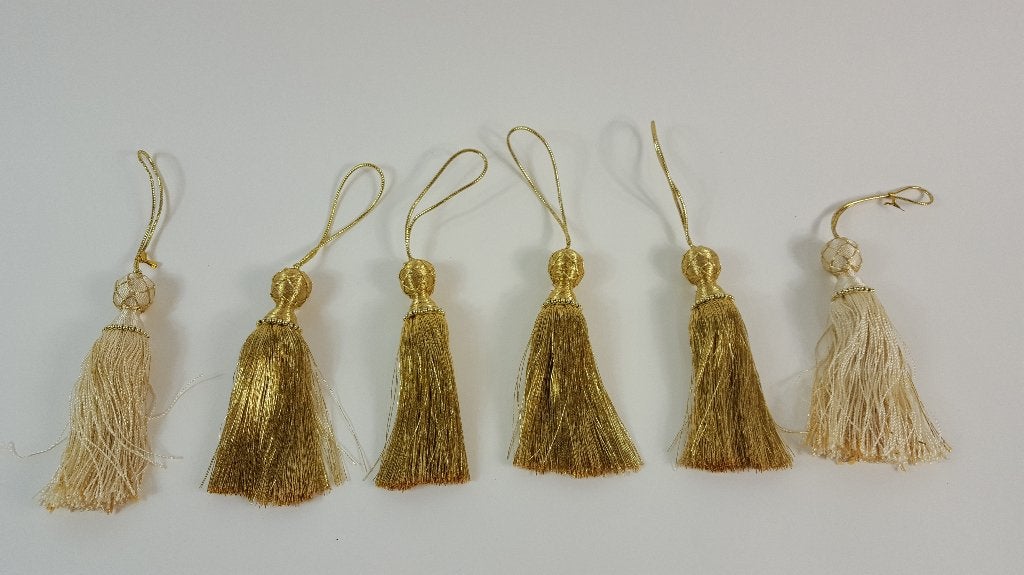 Gouden kwasten, 6 stuks, kerstversiering, 12 cm. W1, Diversen, Tweedehands verkoop, Tweedehands verkoop, Gebruikt, Ophalen of Verzenden