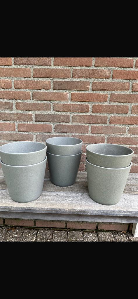 6x Keramieken bloempotten Ø19 cm – groen/grijs tint, Tuin en Terras, Bloempotten, Gebruikt, Rond, Binnen, Ophalen of Verzenden