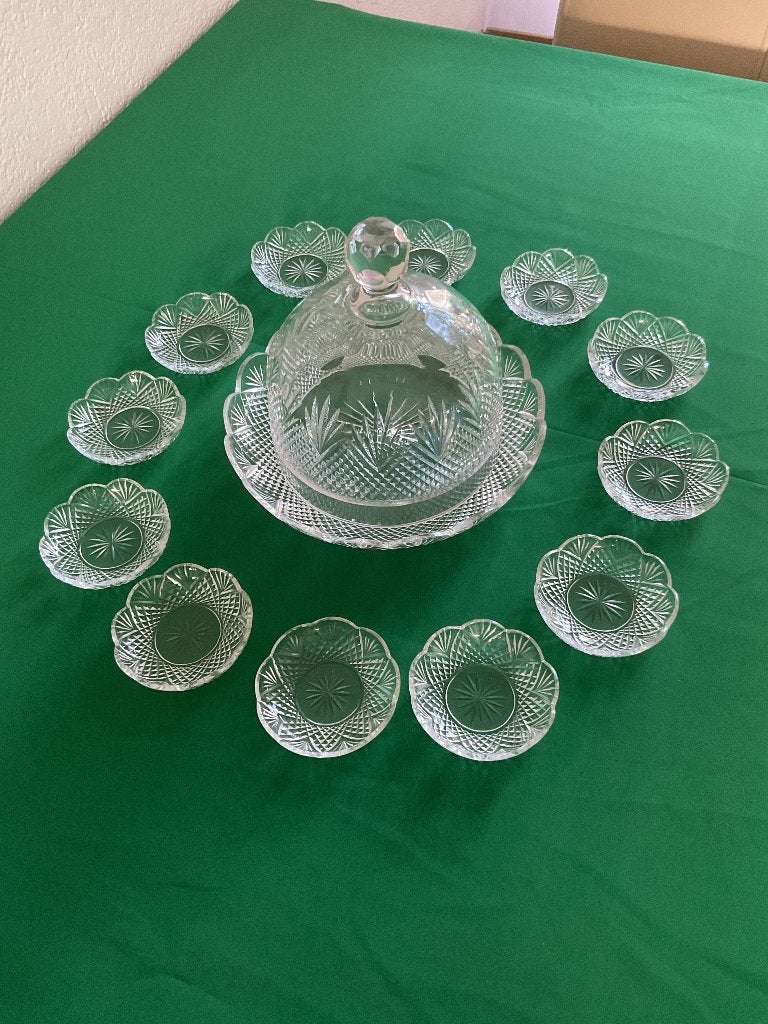 KRISTAL-PRACHTIGE KAASSTOLP+12 SCHAALTJES-PUNTJES GESLEPEN, Ophalen of Verzenden