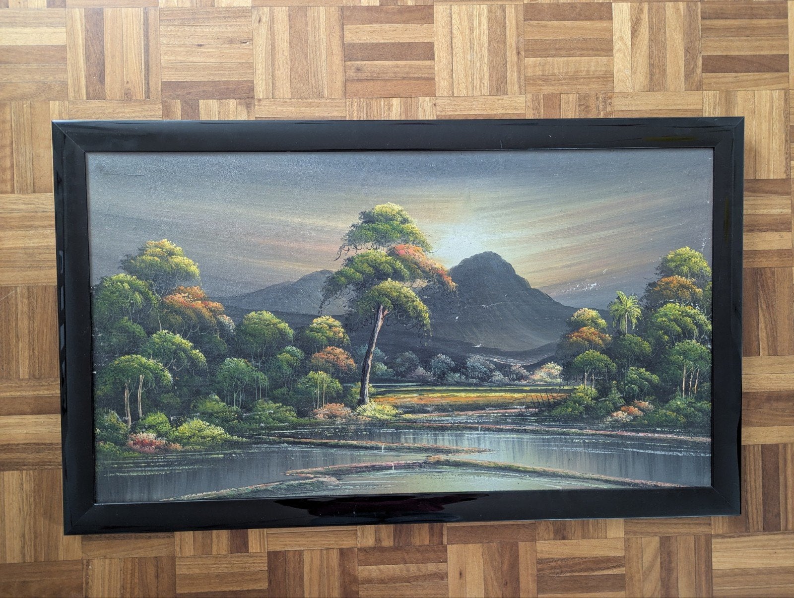 Schilderij met Indonesisch landschap en zonsondergang, Ophalen