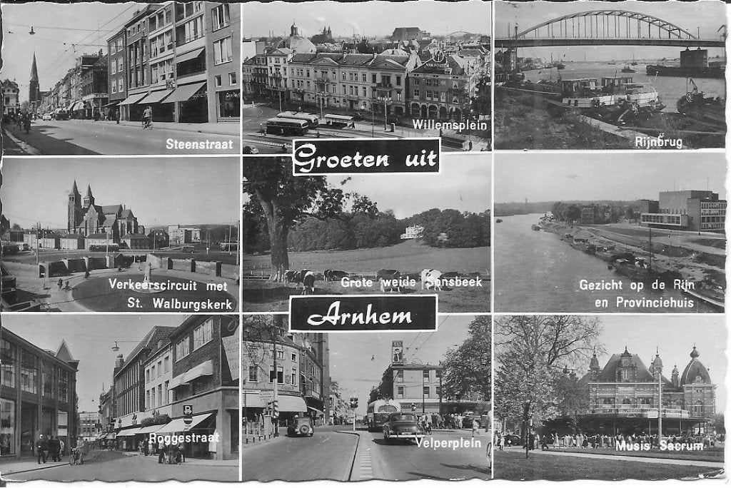 Oude ansichtkaart 'Groeten uit Arnhem' (1963), Ophalen of Verzenden, 1960 tot 1980, Gelopen, Gelderland