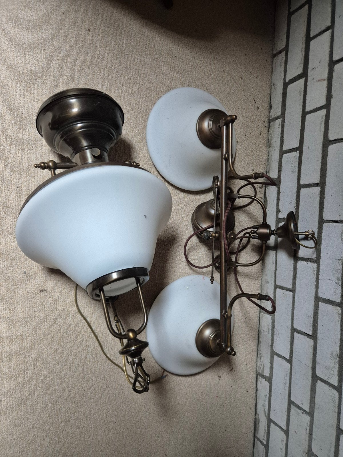 Vintage Plafondlamp en Wandlampen Set - Brons & Melkglas, Antiek en Kunst, Ophalen