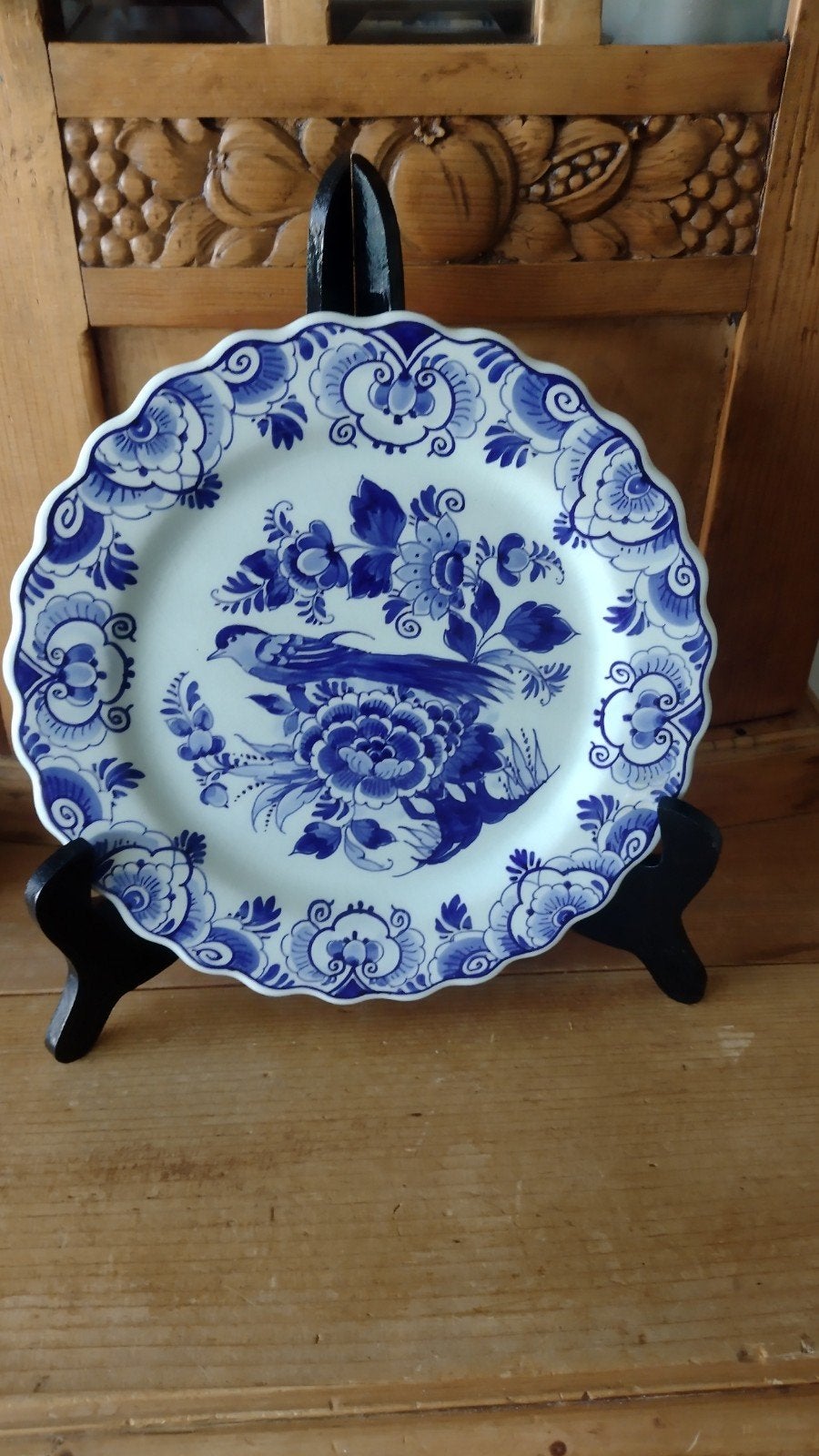 Delftsblauw wandbord met vogel en bloemmotief, 26 cm, Ophalen of Verzenden
