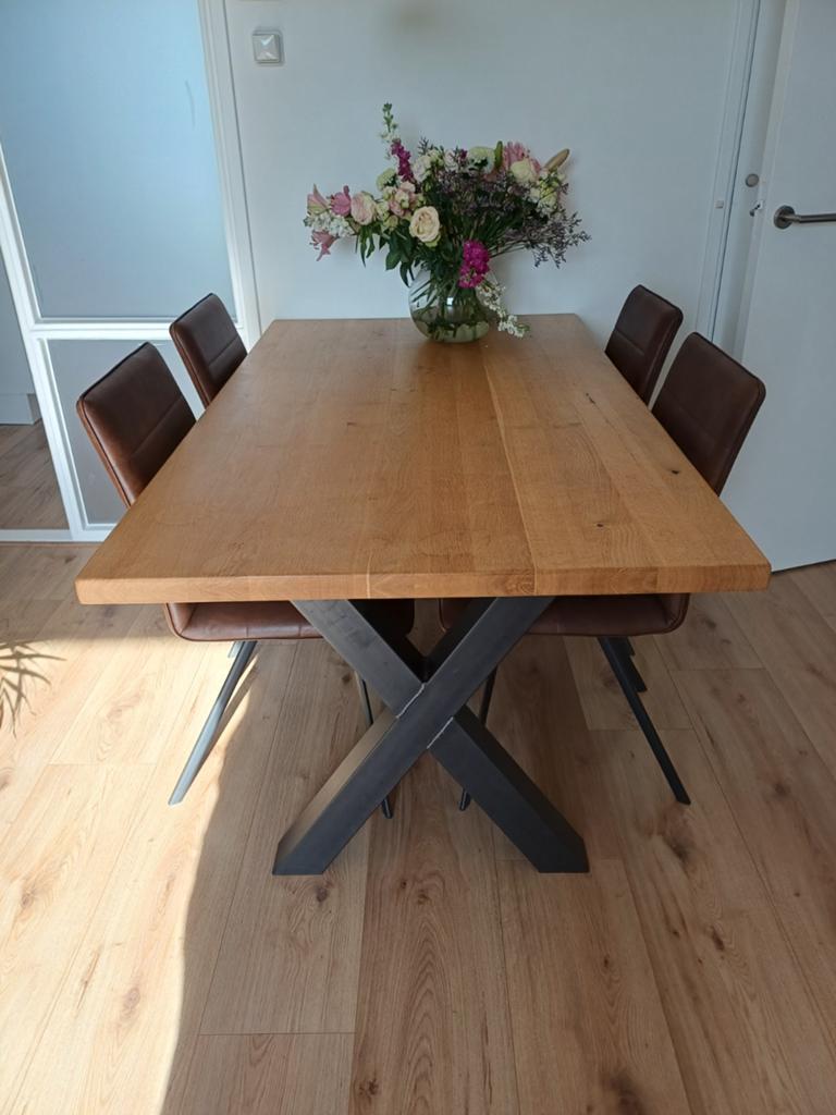 Massief Eiken Eettafel met Industrieel Onderstel 180x90cm, Ophalen, 50 tot 100 cm, Zo goed als nieuw, 150 tot 200 cm