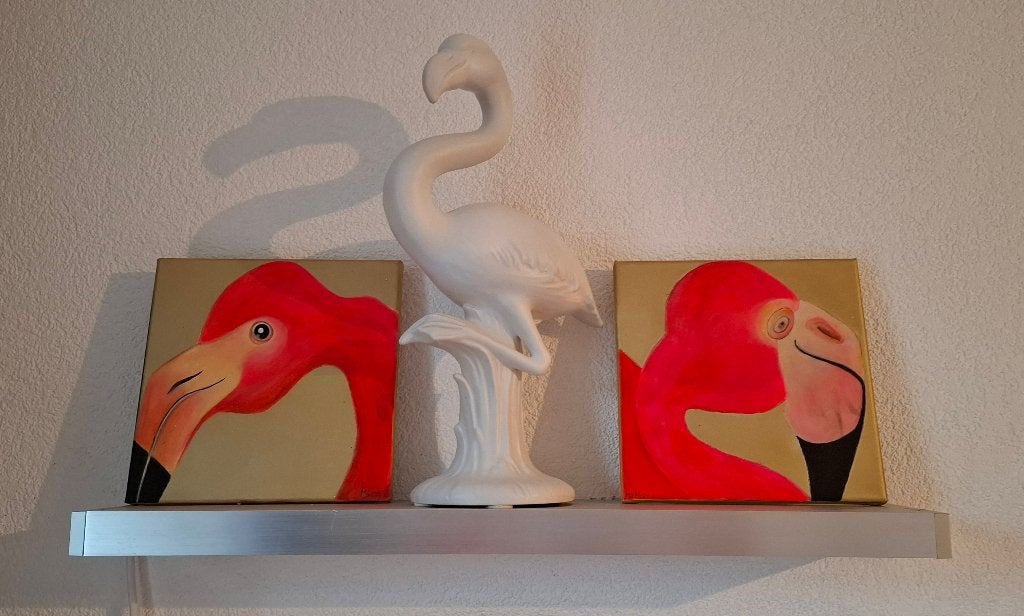 schilderijen Flamingo's 20x20cm, Antiek en Kunst, Ophalen of Verzenden