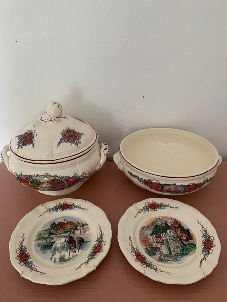 Vintage aardewerk servies met landelijke taferelen, Ophalen of Verzenden
