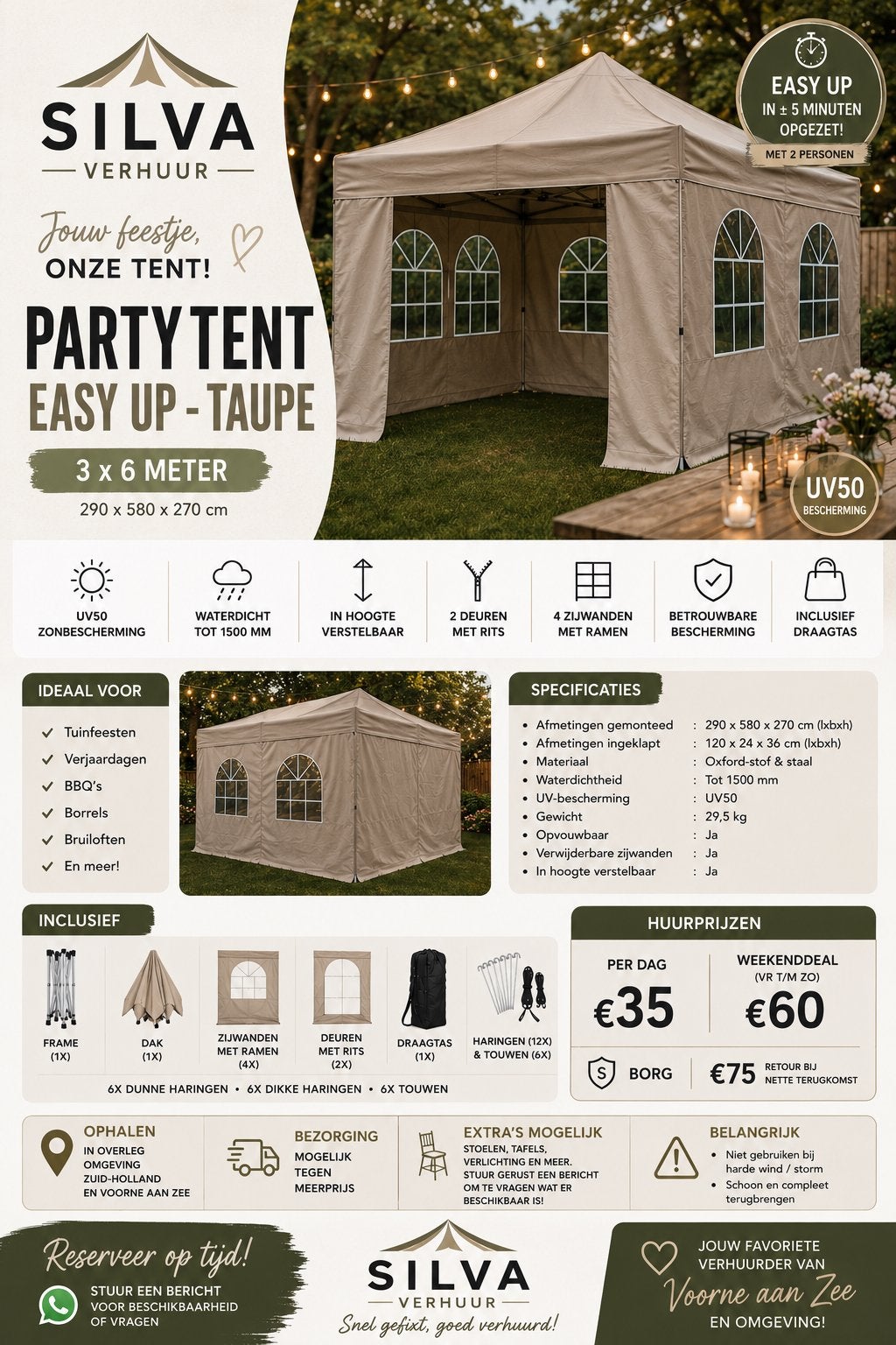 Partytent 3x6m te huur - Dag of Weekend, Ophalen, Gebruikt, Opvouwbaar, Partytent