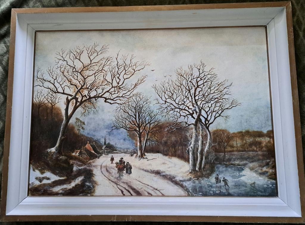 Schilderij Winterlandschap met Schaatsers en Figuren, Ophalen of Verzenden