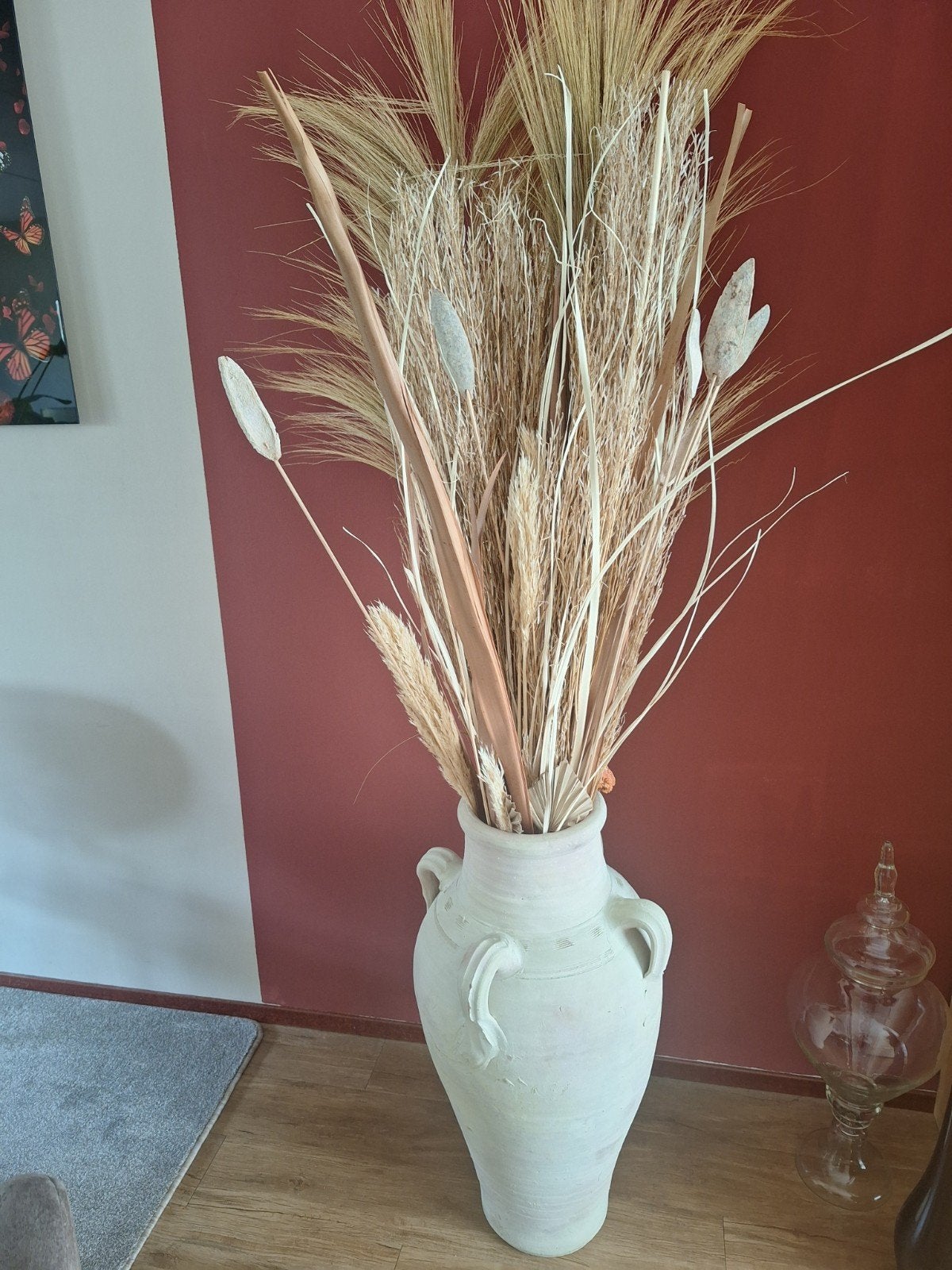 Grote kruik met droogbloemen - Crème/Wit, Huis en Inrichting, Inclusief droogbloemen, Wit, Ophalen of Verzenden, Zo goed als nieuw