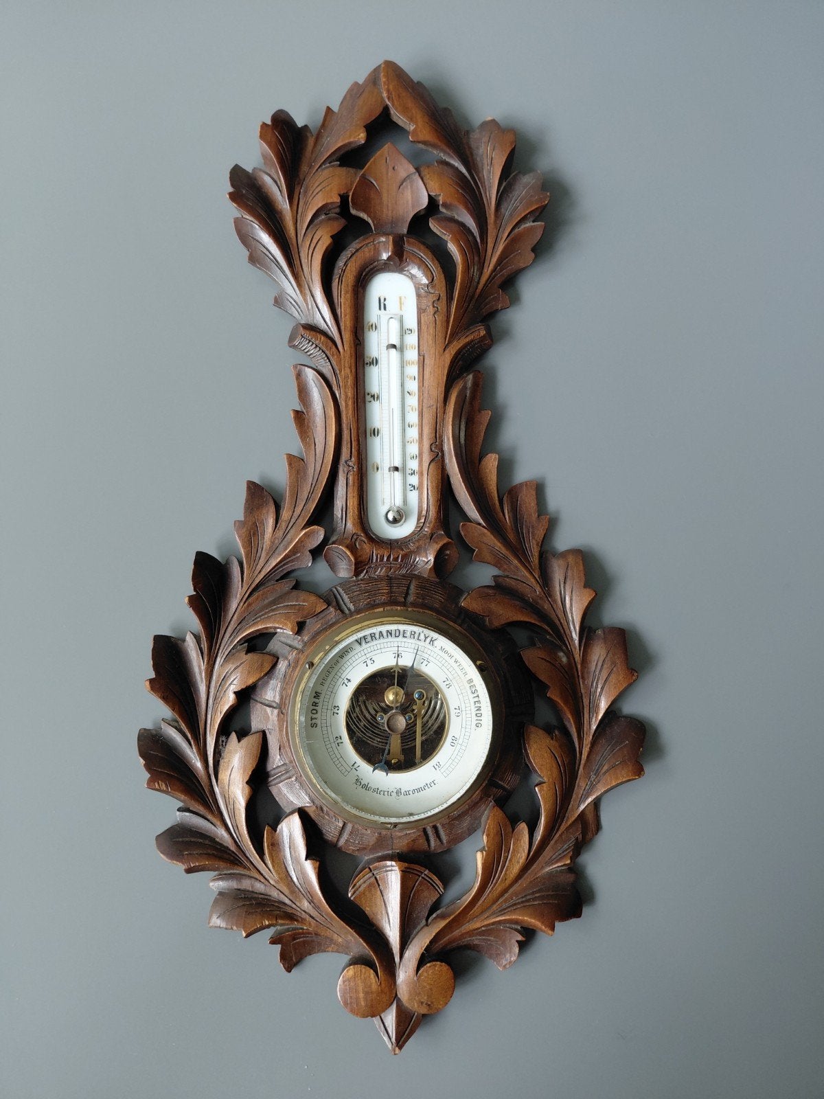 Antieke Barometer met Thermometer - Houtsnijwerk, Ophalen of Verzenden, Gebruikt, Weerstation
