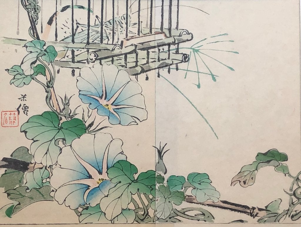 Japanse houtsnede krekel in kooitje, Met passe-partout, 1800 - 1899, Ophalen of Verzenden, Houtsnede