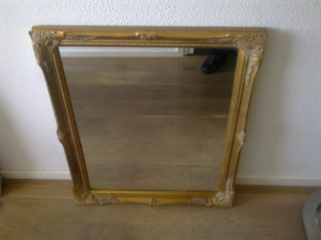 Spiegel goud brocante lijst 48 cm x 57,5 cm, Ophalen, Minder dan 50 cm, Zo goed als nieuw, Minder dan 100 cm