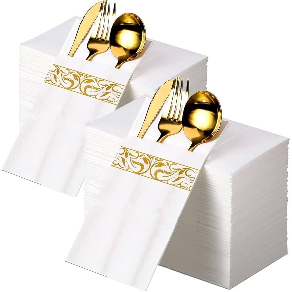 35 Wegwerp servetten/bestekzakjes. Wit met gouden sierrand., Ophalen, Nieuw, Knutselwerk