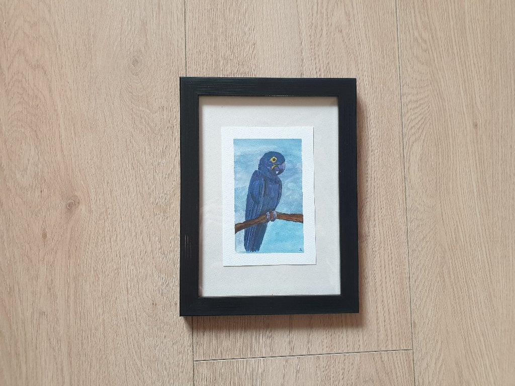 Mini aquarel Blauwe Ara papegaai schilderijtje 18x13 cm, Ophalen, Minder dan 50 cm, Nieuw, Minder dan 50 cm