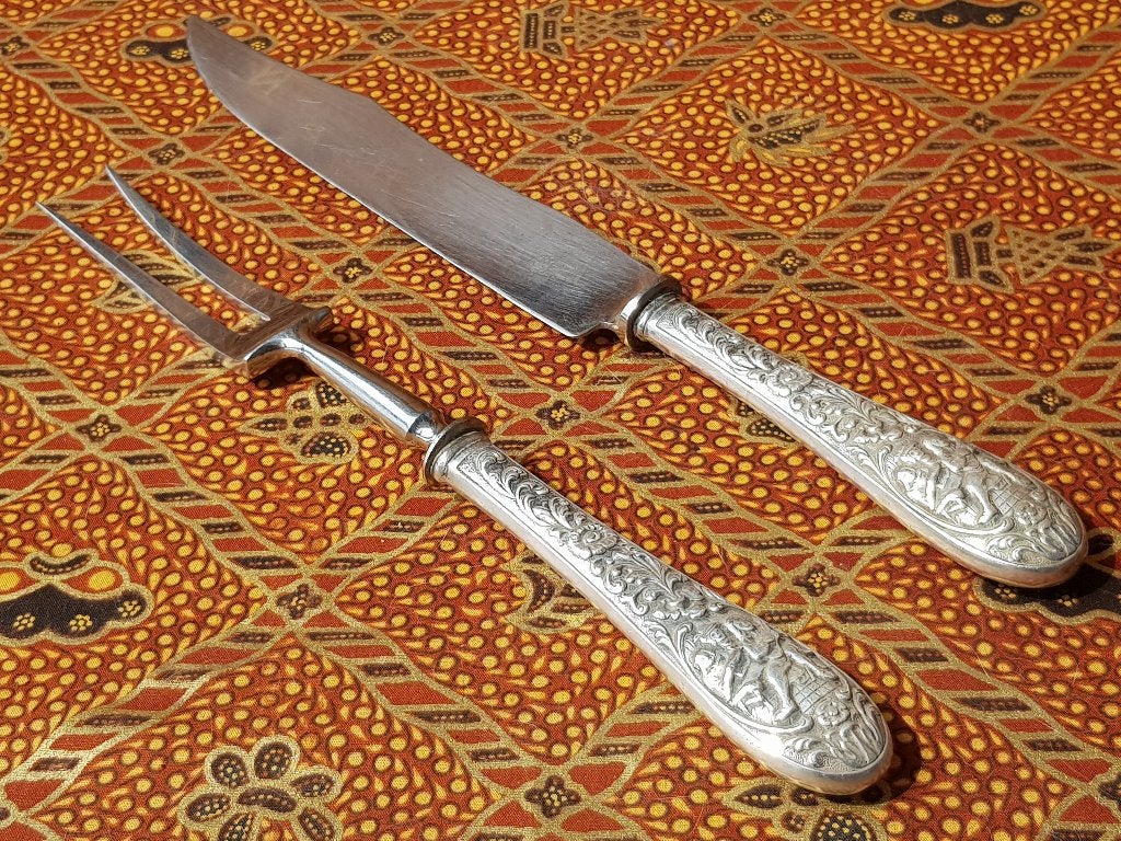 Mooi origineel antiek silverplate vleesbestek uit Engeland., Antiek en Kunst, Ophalen of Verzenden