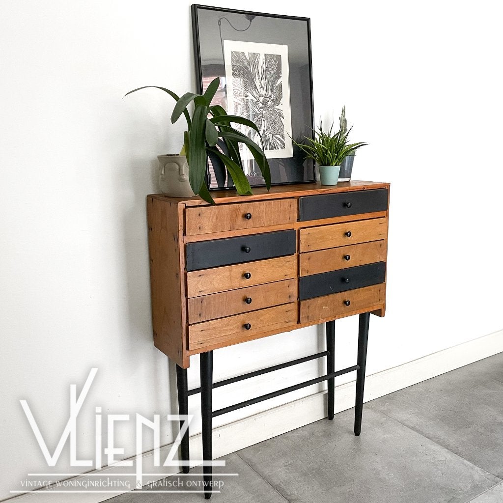 Vintage, industriële ladekast, halkast, sidetable hoge poten, Ophalen, Gebruikt, Overige materialen, -