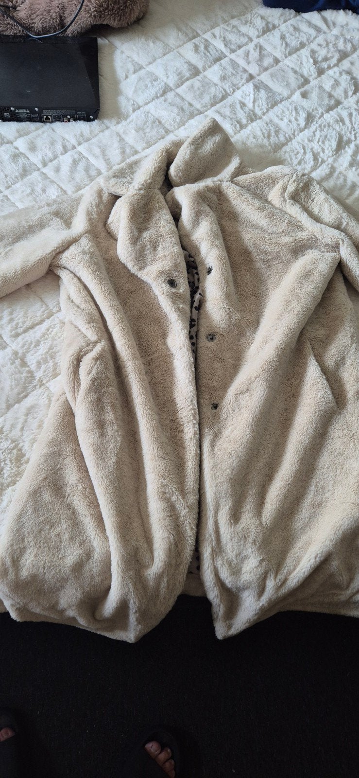 Zachte teddy jas met luipaardprint voering, Ophalen of Verzenden, Zo goed als nieuw, Maat 46/48 (XL) of groter, Beige