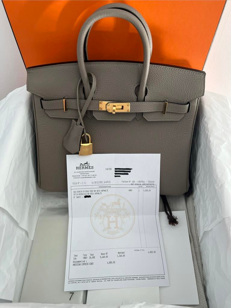 Hermes Birkin 25 Togo Grey GHW, Verzenden, Zo goed als nieuw, Grijs, Handtas