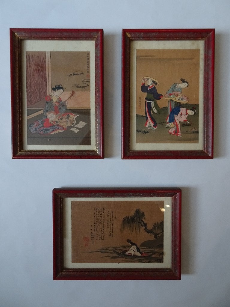 Drie Japanse houtsnedes muziek, boot, drie vrouwen 20e eeuw, Ophalen of Verzenden, Dagelijks leven, Houtsnede, 1900 - 1949