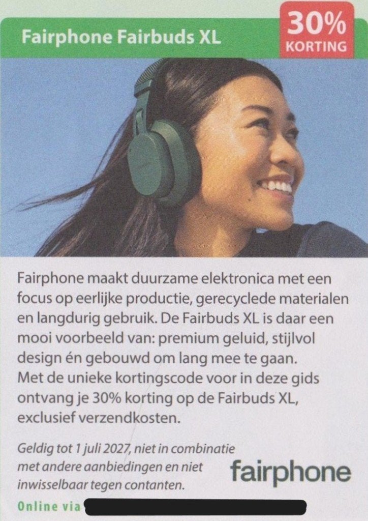 Fairphone Fairbuds XL. 30% korting. Postcodeloterij bon., Drie personen of meer, Kortingsbon, Warenhuis- of Winkelbon