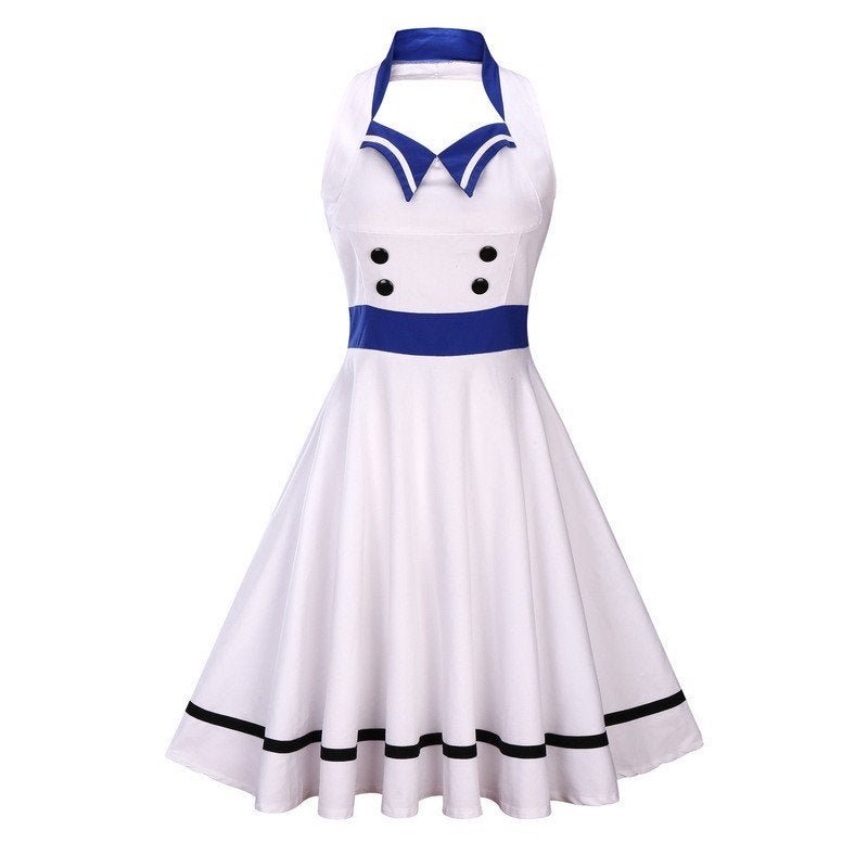 Wit blauwe rockabilly jurk vintage dames vrouwen, Maat 38/40 (M), Nieuw, Knielengte, Meerkleurig