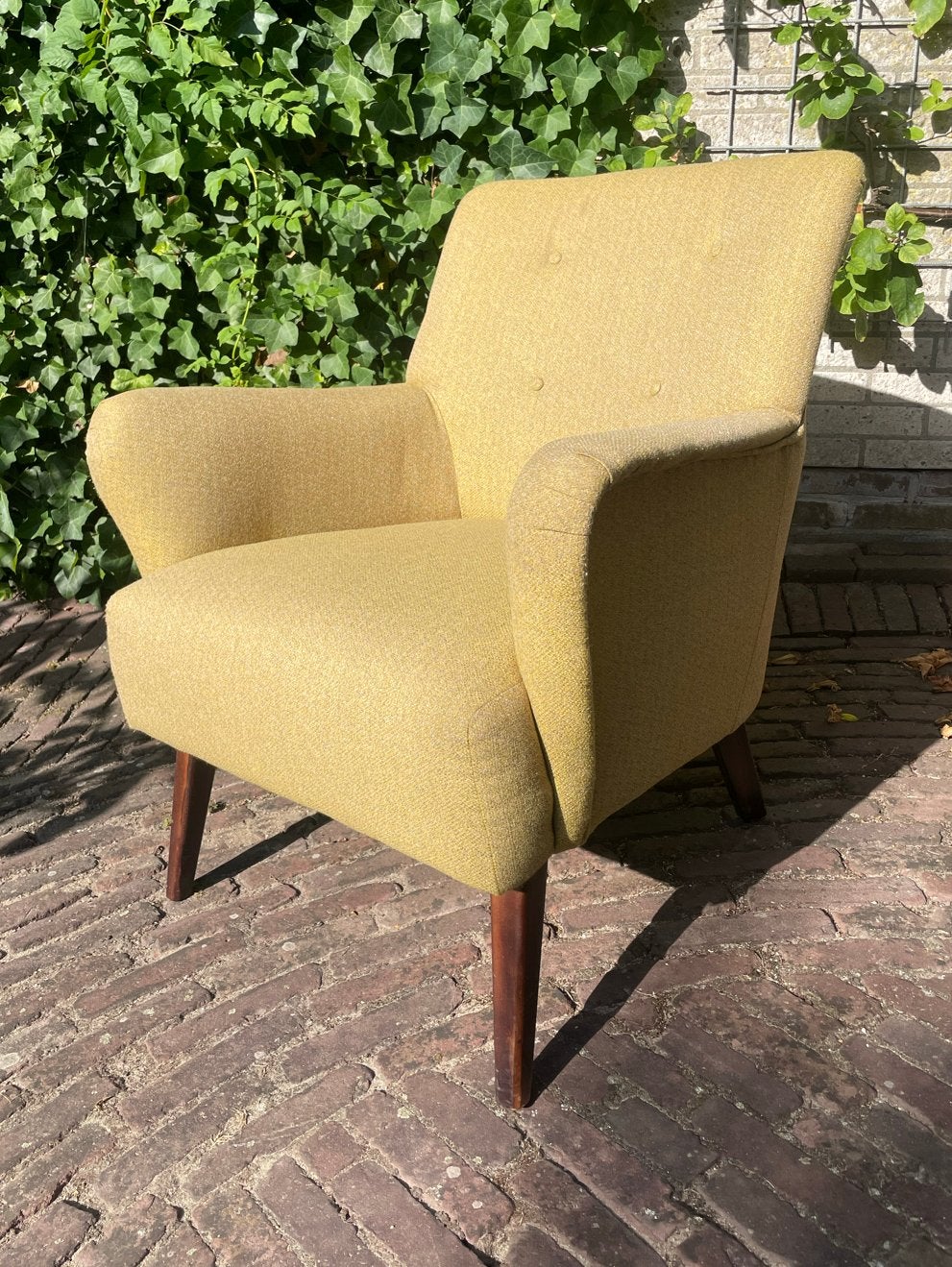 Vintage fauteuil in geelgroene stof, Ophalen