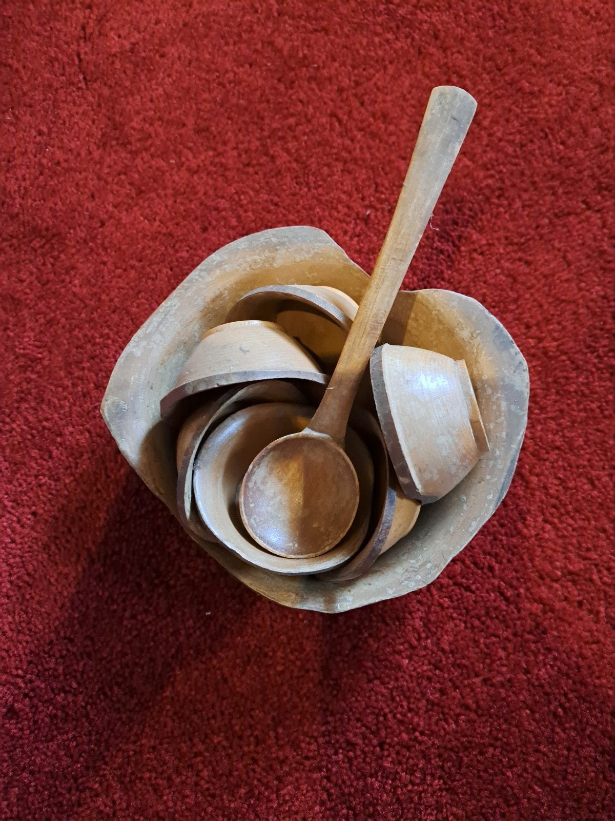 Houten kommenset met lepel - Handgemaakt, Antiek en Kunst, Ophalen of Verzenden