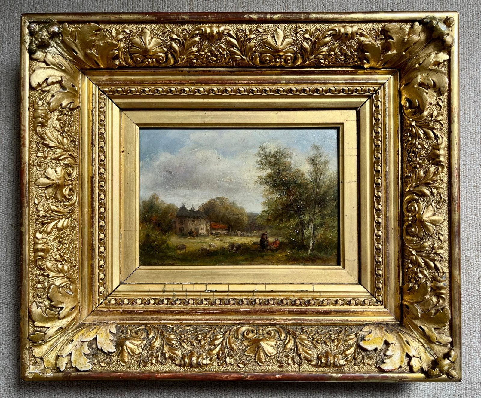 Antiek olieverfschilderij, landschap met figuren en schapen, Antiek en Kunst, Ophalen