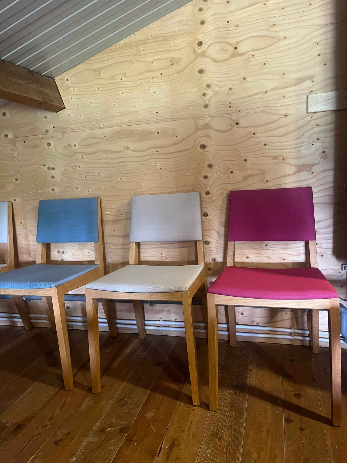 Set van 6 de vorm' stoelen - Houten frame, stoffen bekledin, Ophalen, Gebruikt, Overige kleuren, Vier