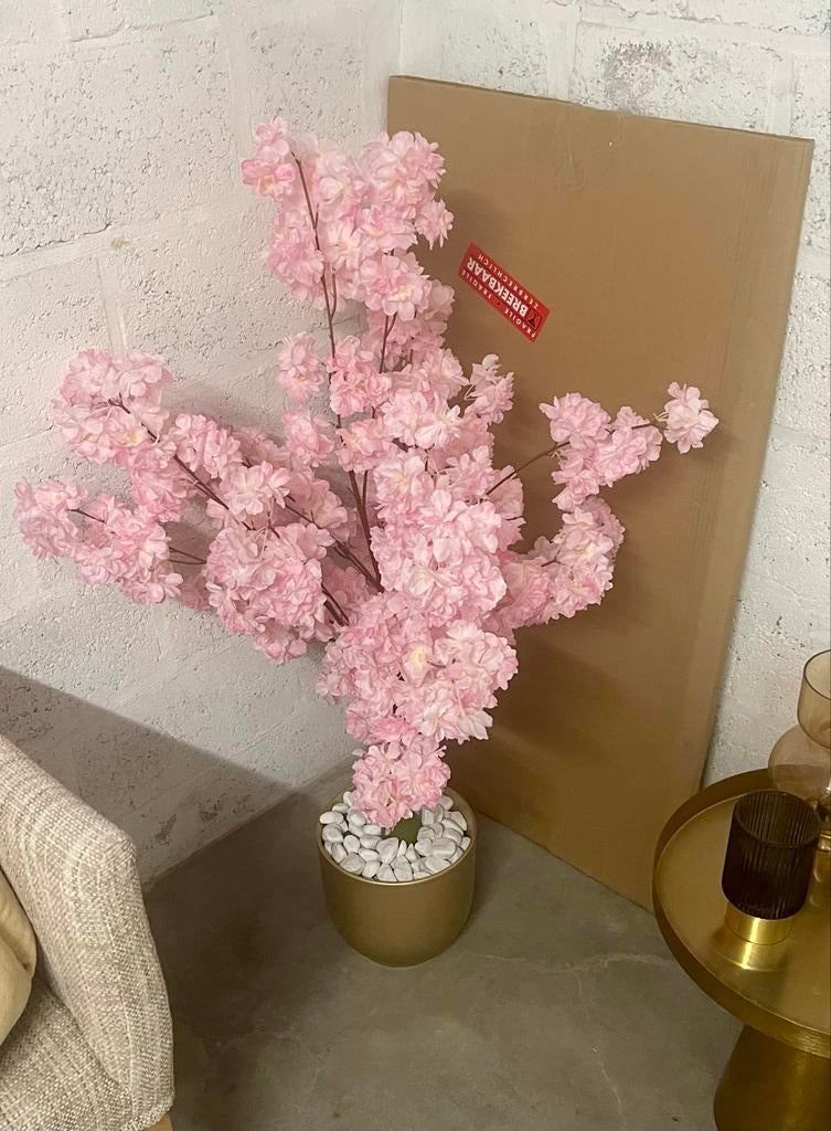 Roze Bloesemboompje in Gouden Pot - Kunstplant, Ophalen, Binnen, Roze, Kunstplant