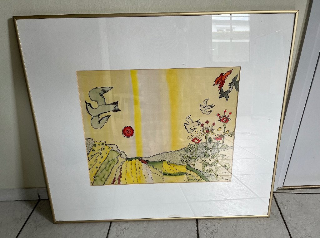 Ingelijste tekening met vogels en landschap, 70 x 80 cm, Ophalen, 50 – 75, Gebruikt, Tekening
