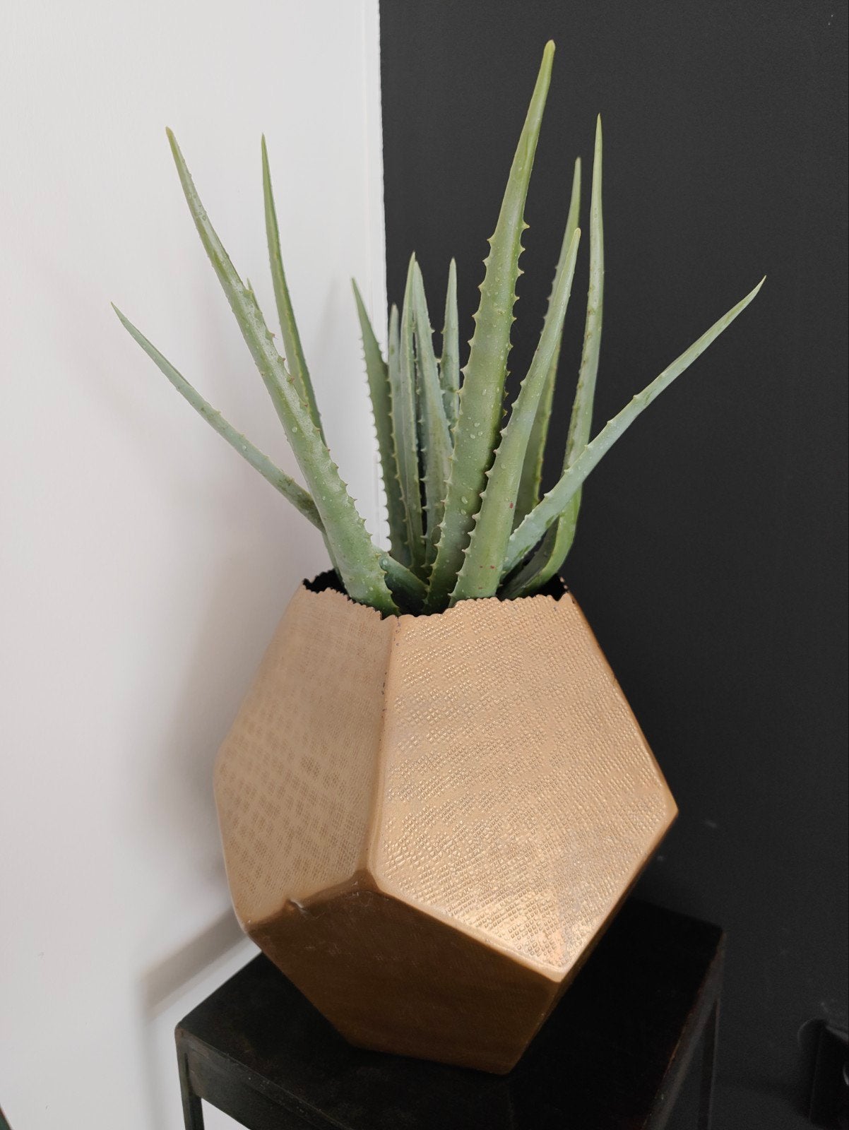 Gouden Abstracte Vaas met kunst Aloë Vera, Met patroon/structuur, Ophalen of Verzenden, Zo goed als nieuw, Metaal