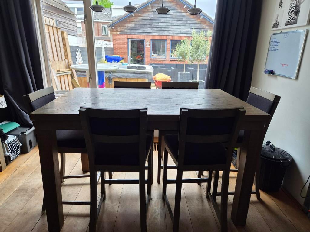 Hoge eettafel met 6 stoelen - Modern design, Huis en Inrichting, Tafels | Eettafels, Overige houtsoorten, Gebruikt, Vijf personen of meer
