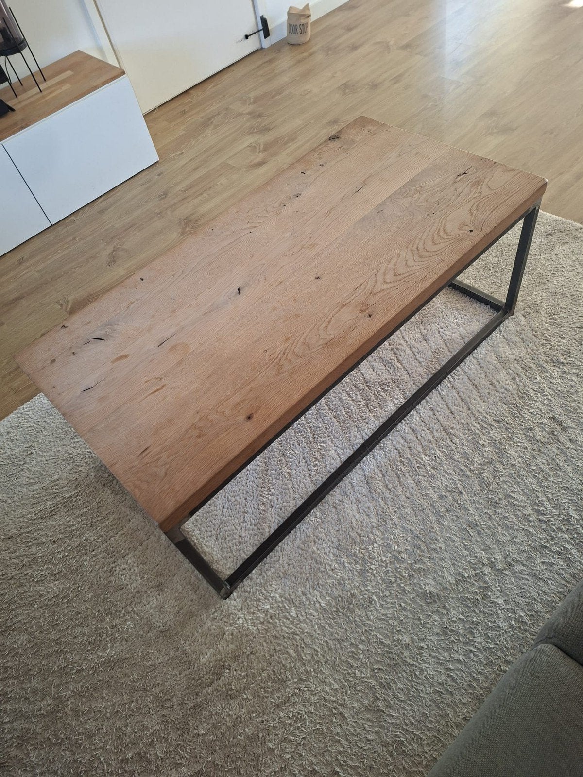 Industriële eiken salontafel, Huis en Inrichting, Tafels | Salontafels, Ophalen, 50 – 75, 50 tot 100 cm, Zo goed als nieuw