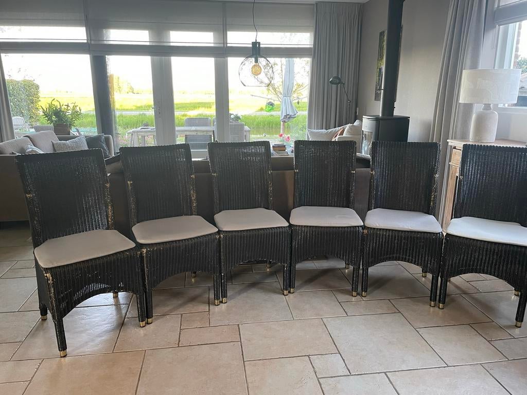 6 Vincent Sheppard Lloyd Loom eetkamerstoelen, Ophalen, Gebruikt, Zwart, Riet of Rotan