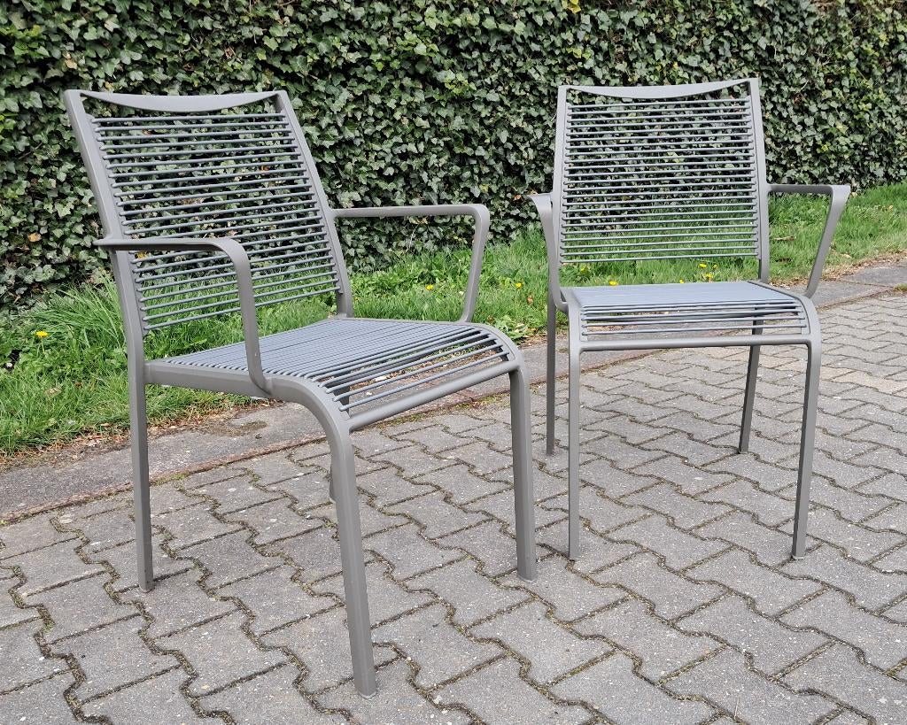 2 Apple Bee grijze Hawaï dining tuinstoelen ZGAN, Ophalen, Gebruikt, Aluminium, Stapelbaar