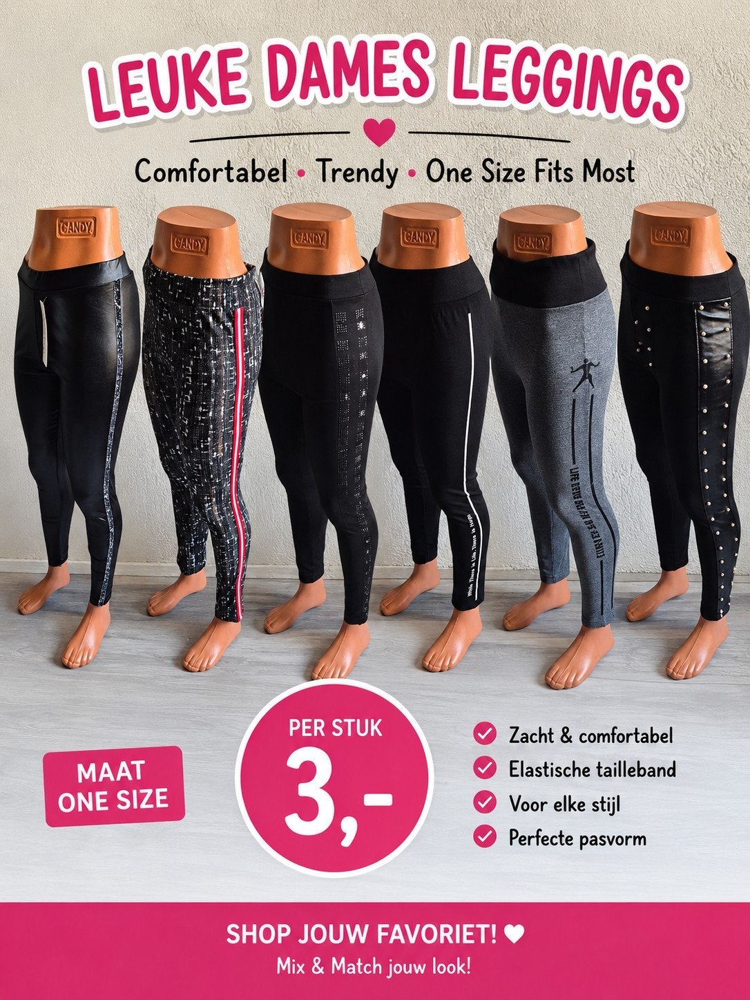 Leuke Dames Leggings - Comfortabel & Trendy, Candy, Zwart, Nieuw, Overige maten