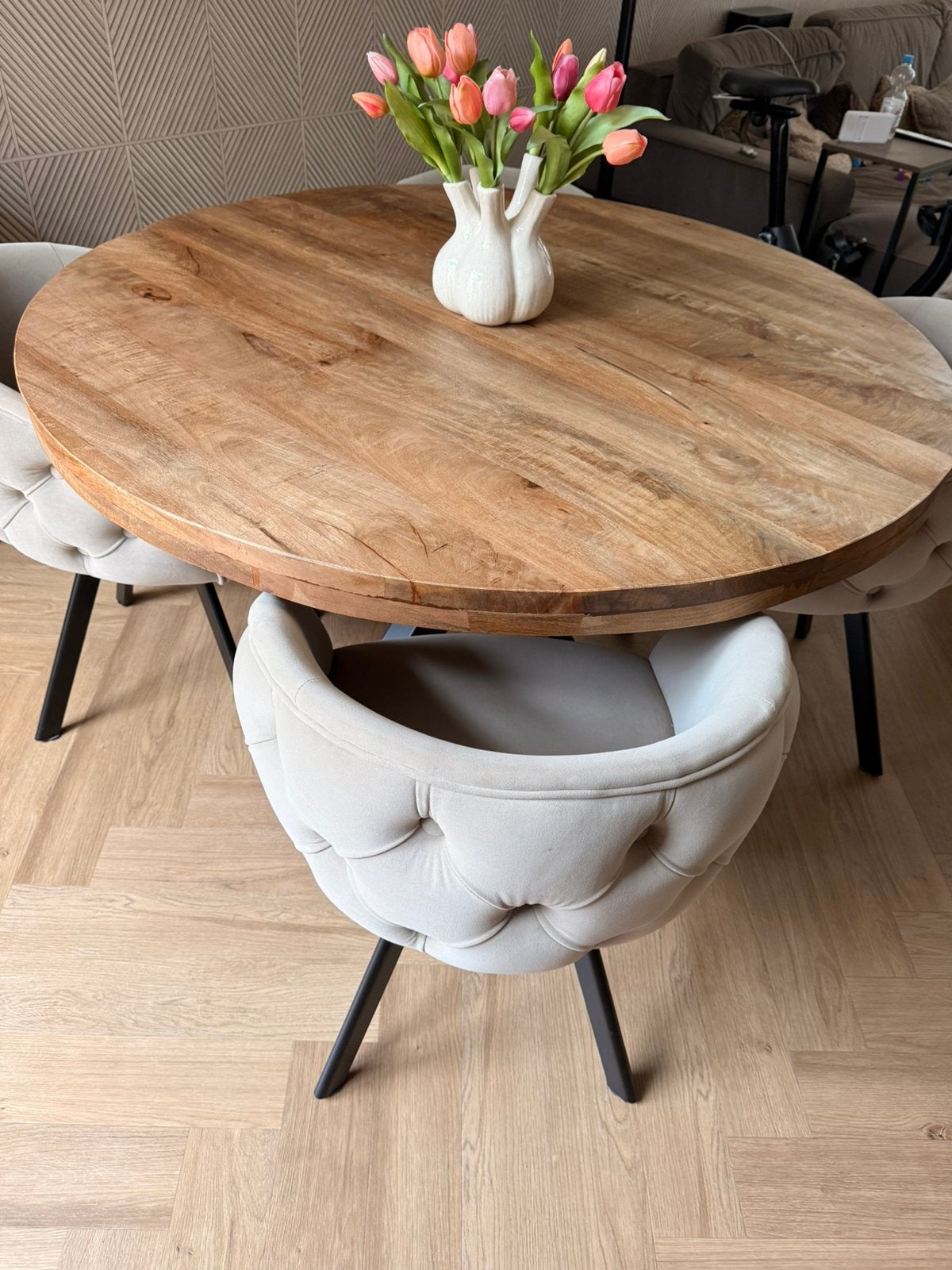 Goossens eettafel 130cm mangohout, Ophalen, Zo goed als nieuw, Rond, 100 tot 150 cm