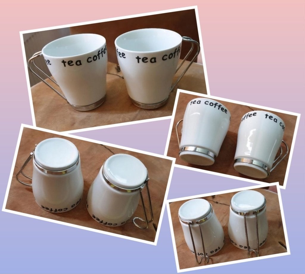 Tea coffee wit porselein bekers RVS greep 8.7cm mooi cadeau!, Overige merken, Nieuw, Ophalen of Verzenden, Overige stijlen