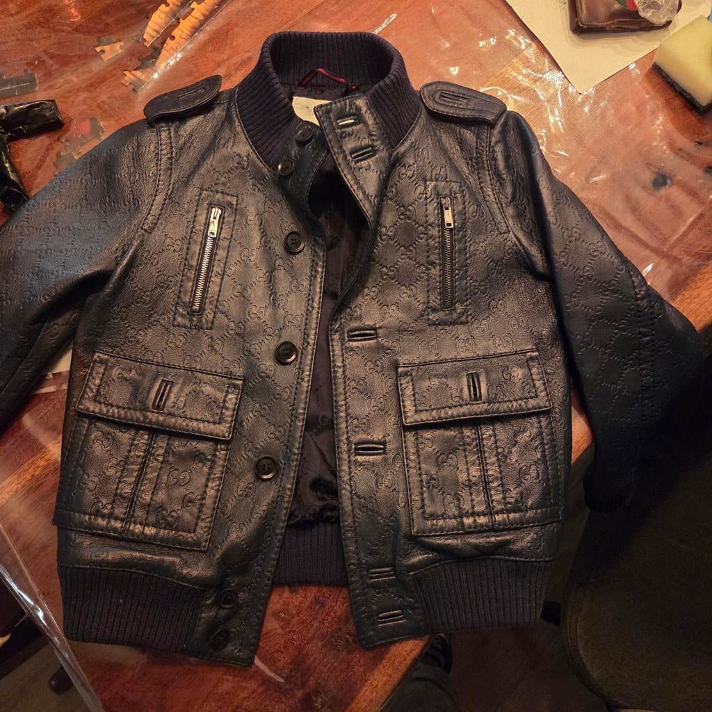Origineel Gucci Kids leren jack donkerblauw GG monogram, Kleding | Heren, Ophalen of Verzenden, Nieuw, Overige maten, Blauw
