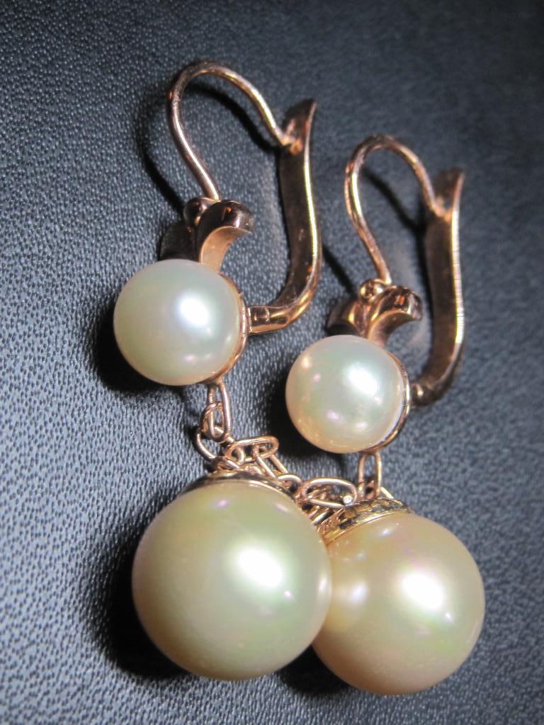 Vintage 14K gouden parel design oorbellen 10,5 gram L. 6 cm, Sieraden, Tassen en Uiterlijk, Antieke sieraden, Ophalen, Goud, Oorbellen