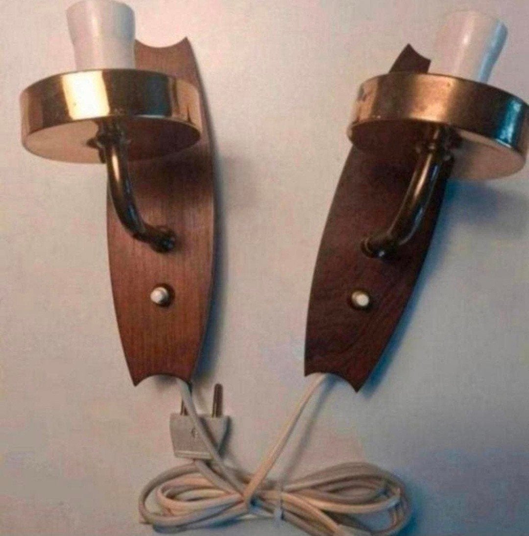 2 Teak/messingkleurige Deense wandlampen., Ophalen of Verzenden, Zo goed als nieuw