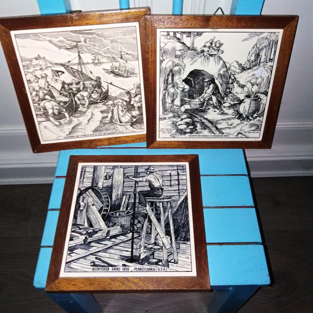 Ingelijste tegels met afbeeldingen oliewinning 3 stuks, Huis en Inrichting, Ophalen, Gebruikt, 18 cm, Industrieel
